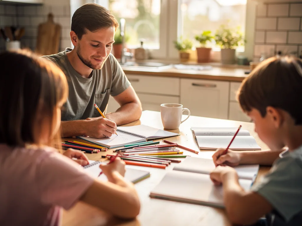 Vater sitzt mit zwei Kindern am Küchentisch und schreibt gemeinsam mit ihnen in Hefte.