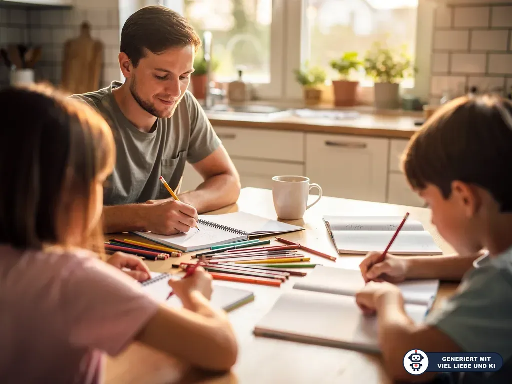 Vater sitzt mit zwei Kindern am Küchentisch und schreibt gemeinsam mit ihnen in Hefte. (mit KI erstellt)