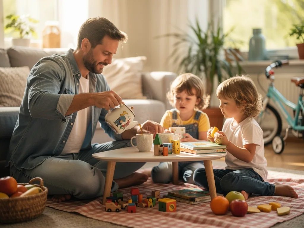 Vater sitzt mit zwei Kindern am niedrigen Tisch, schenkt Tee ein, daneben Spielzeug, Bücher und Obst im Wohnzimmer.