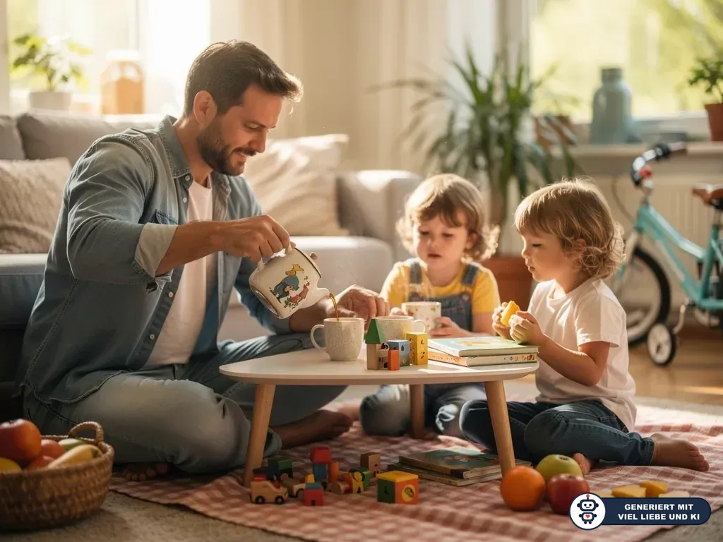 Vater sitzt mit zwei Kindern am niedrigen Tisch, schenkt Tee ein, daneben Spielzeug, Bücher und Obst im Wohnzimmer. (mit KI erstellt)