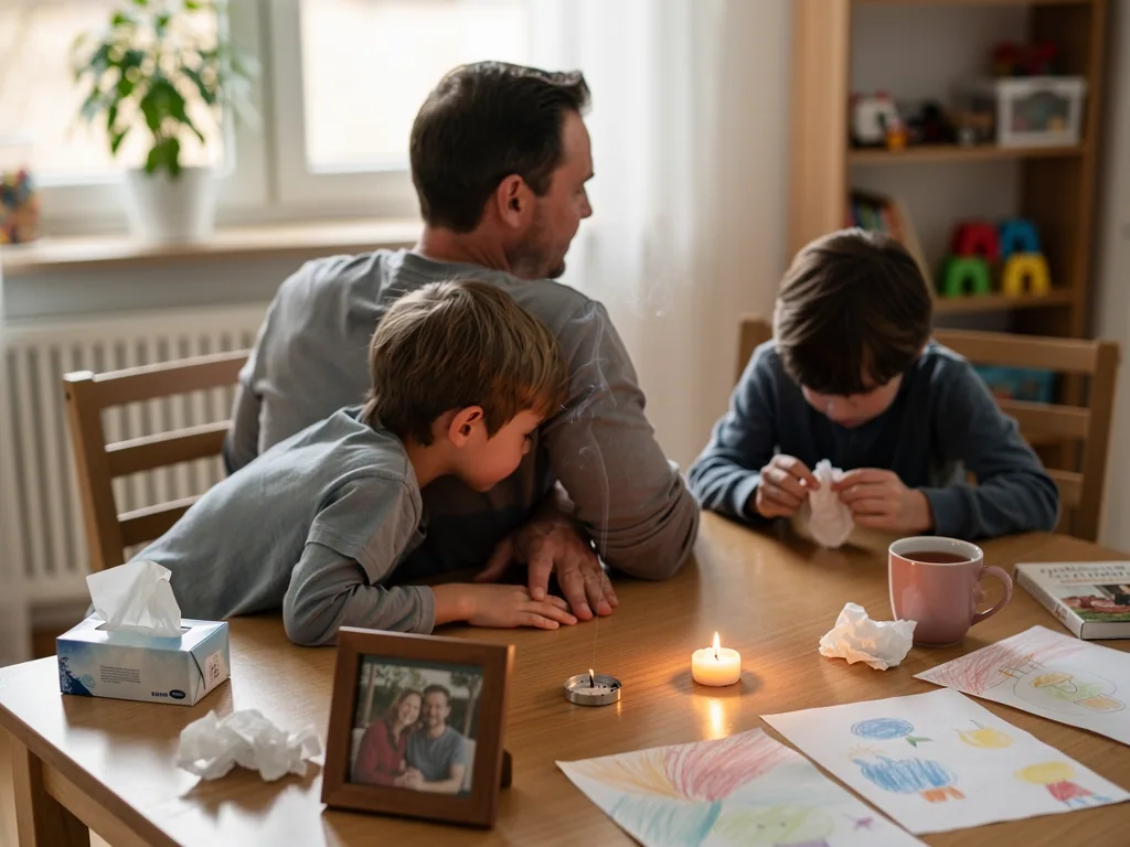 Vater sitzt mit zwei Kindern am Tisch; Kerze, Taschentücher, Familienfoto und Kinderzeichnungen liegen davor.