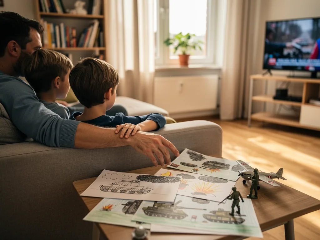 Vater sitzt mit zwei Kindern auf dem Sofa vor Kriegsnachrichten; auf dem Tisch liegen gemalte Panzer und Spielzeugsoldaten.