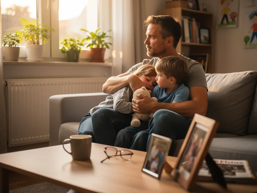 Vater sitzt mit zwei Kindern eng umarmt auf dem Sofa; das Mädchen hält ein Kuscheltier, Familienfotos stehen auf dem Tisch.