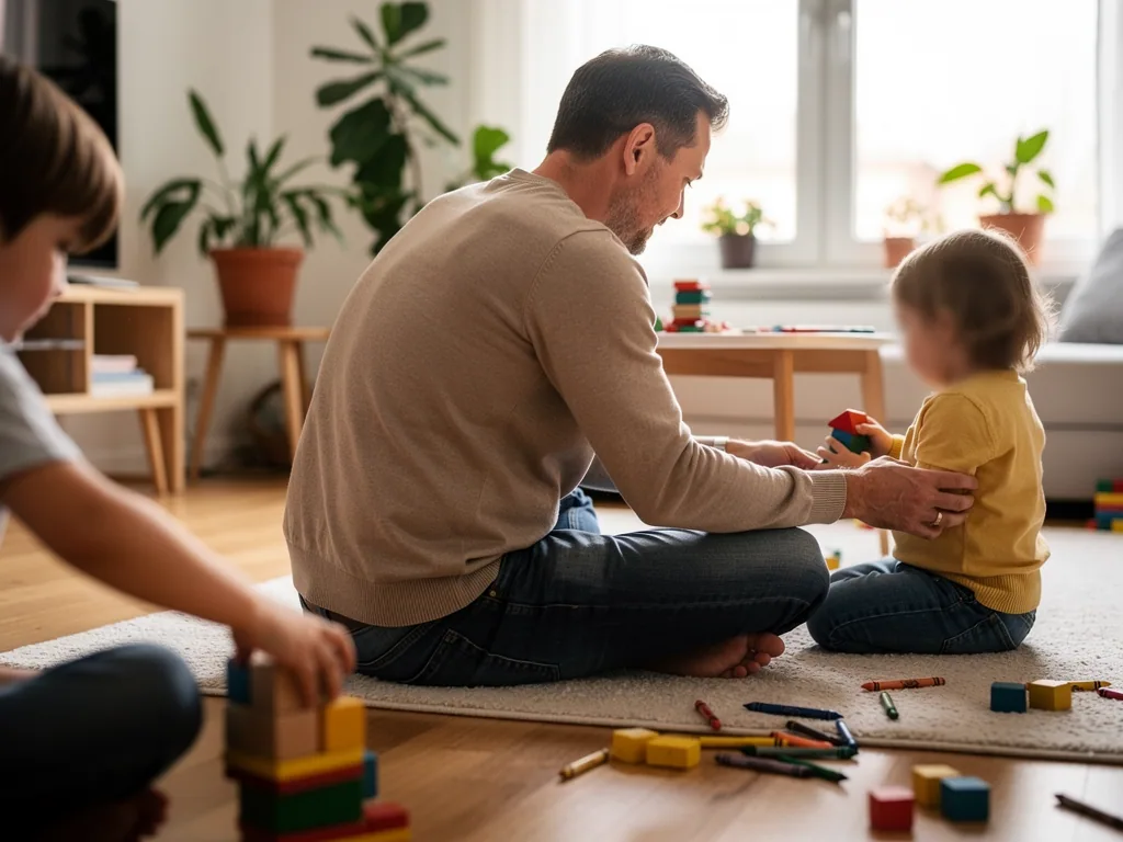 Vater sitzt mit zwei Kindern im Wohnzimmer auf dem Teppich und begleitet sie beim Spielen mit Bauklötzen und Stiften.