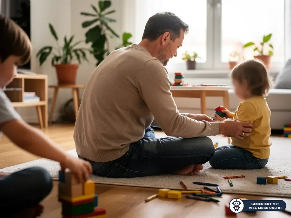 Vater sitzt mit zwei Kindern im Wohnzimmer auf dem Teppich und begleitet sie beim Spielen mit Bauklötzen und Stiften. (mit KI erstellt)