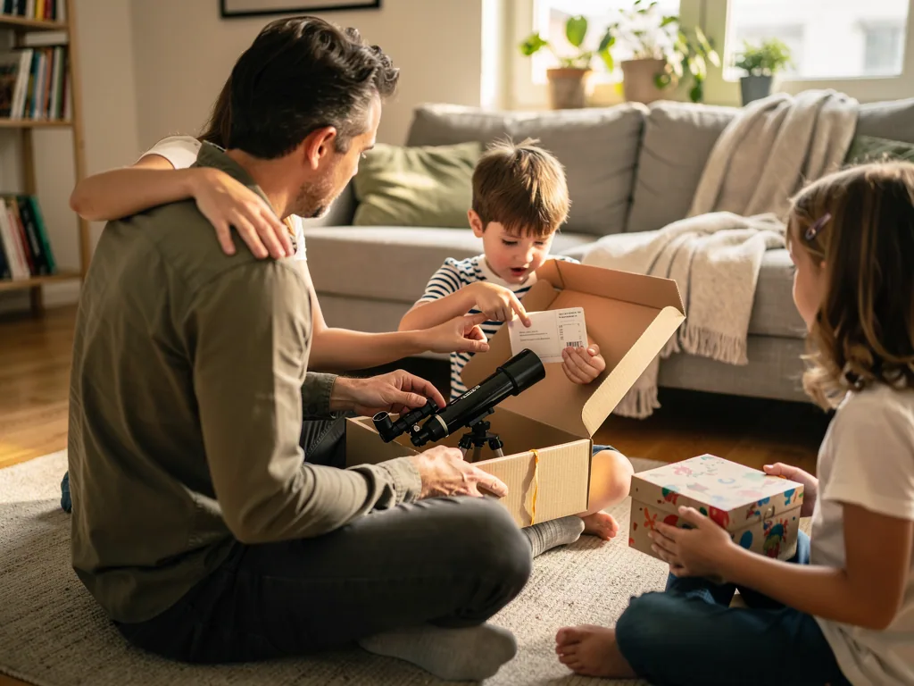 Vater sitzt mit zwei Kindern im Wohnzimmer und packt ein Teleskop aus einem Geschenkkarton aus.