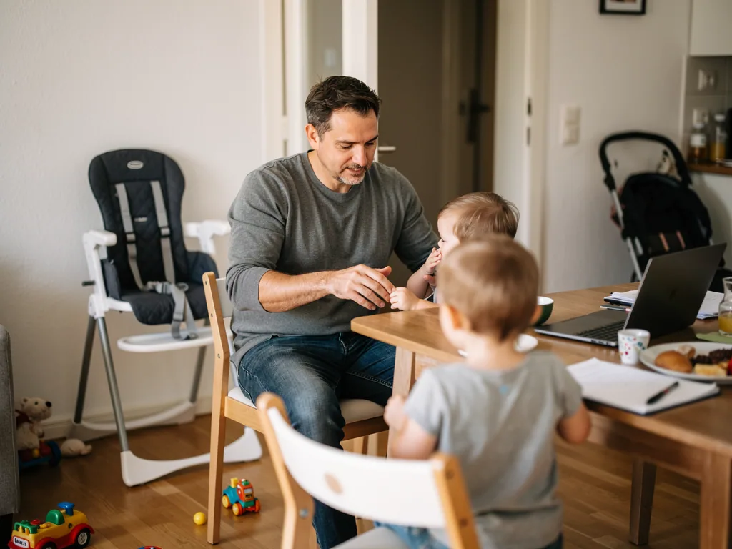 Vater sitzt mit zwei Kleinkindern am Esstisch, daneben Laptop, Hochstuhl und Kinderwagen in der Wohnung.