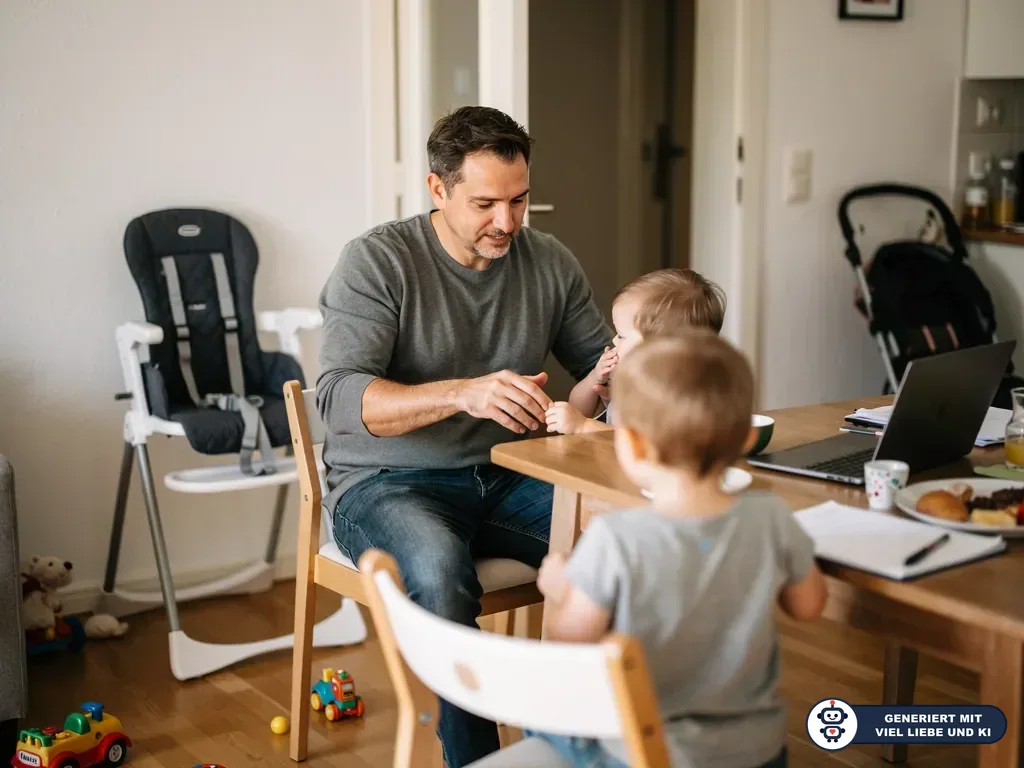 Vater sitzt mit zwei Kleinkindern am Esstisch, daneben Laptop, Hochstuhl und Kinderwagen in der Wohnung. (mit KI erstellt)