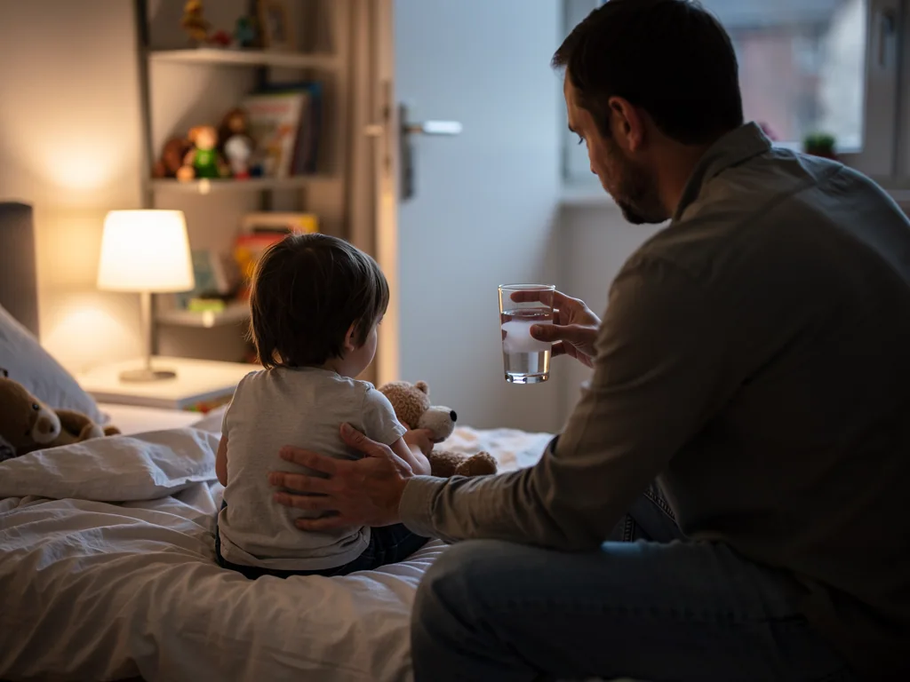 Vater sitzt nachts am Kinderbett, beruhigt sein Kind mit Teddy und hält ein Glas Wasser bereit.