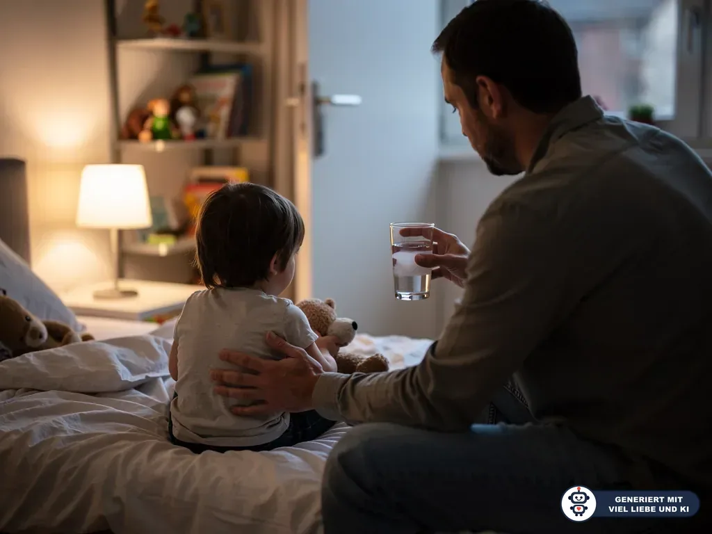 Vater sitzt nachts am Kinderbett, beruhigt sein Kind mit Teddy und hält ein Glas Wasser bereit. (mit KI erstellt)