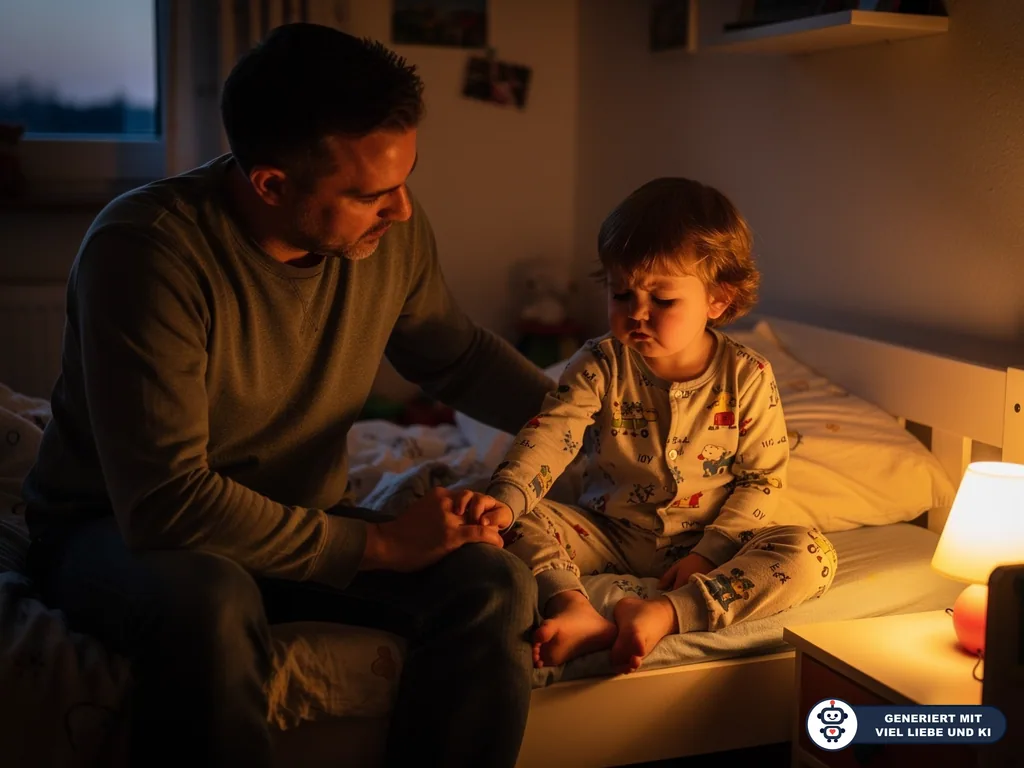 Vater sitzt nachts am Kinderbett und hält die Hand eines müden Kindes im Schlafanzug bei warmem Nachtlicht. (mit KI erstellt)