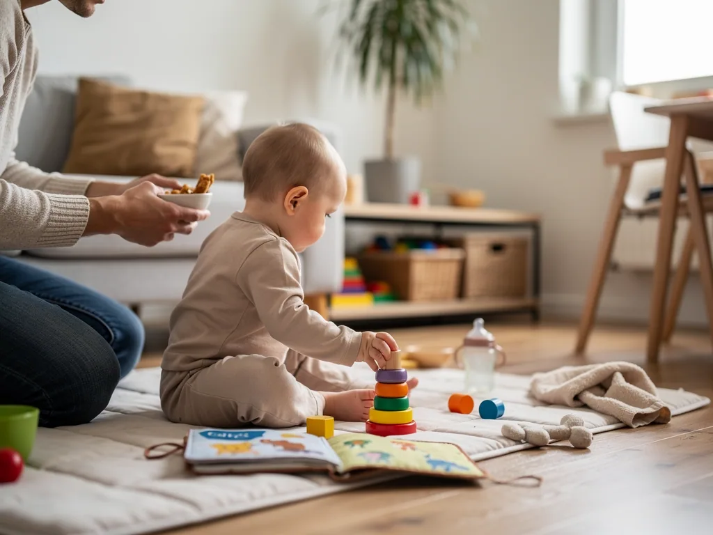 Vater sitzt neben Baby auf Spielmatte und hält eine Schale mit Essen, das Kind stapelt bunte Ringe.