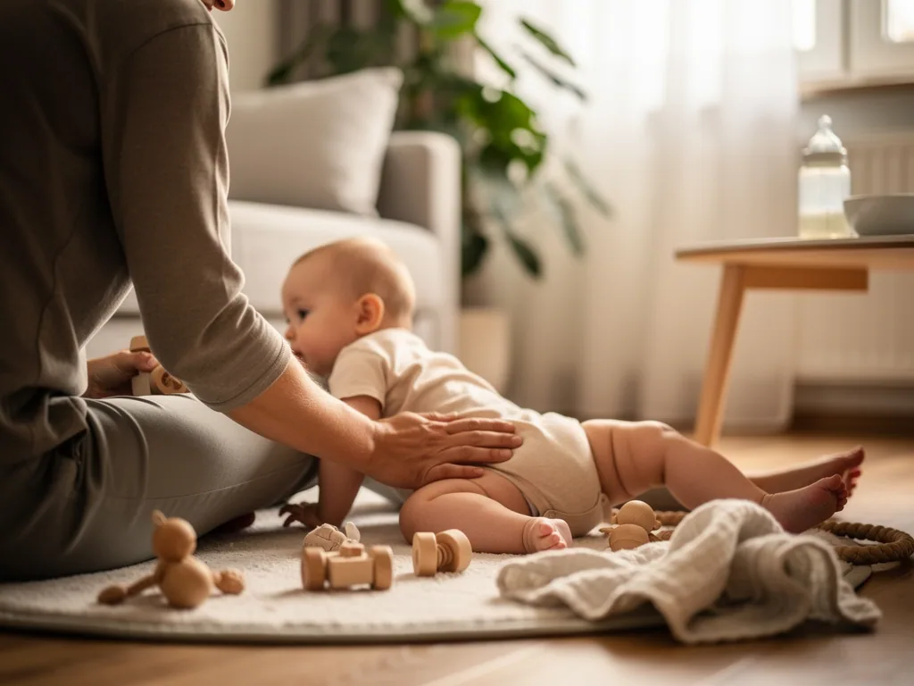 Vater sitzt neben Baby in Bauchlage auf einer Spielmatte und beruhigt es mit der Hand auf dem Rücken.
