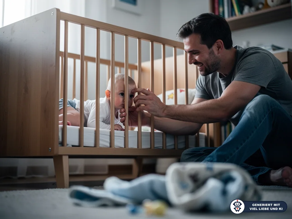 Vater sitzt neben dem Babybett und berührt lächelnd die Hand seines Babys, das wach auf der Matratze liegt. (mit KI erstellt)