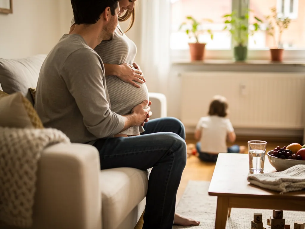 Vater sitzt neben schwangerer Partnerin auf dem Sofa, beide halten den Bauch, ein Kind spielt im Wohnzimmer.