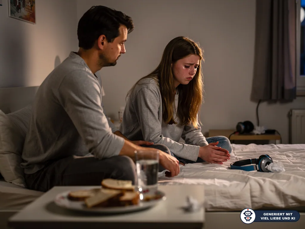 Vater sitzt neben weinender Teenagerin auf dem Bett und hört ihr im abendlichen Zimmer zu. (mit KI erstellt)