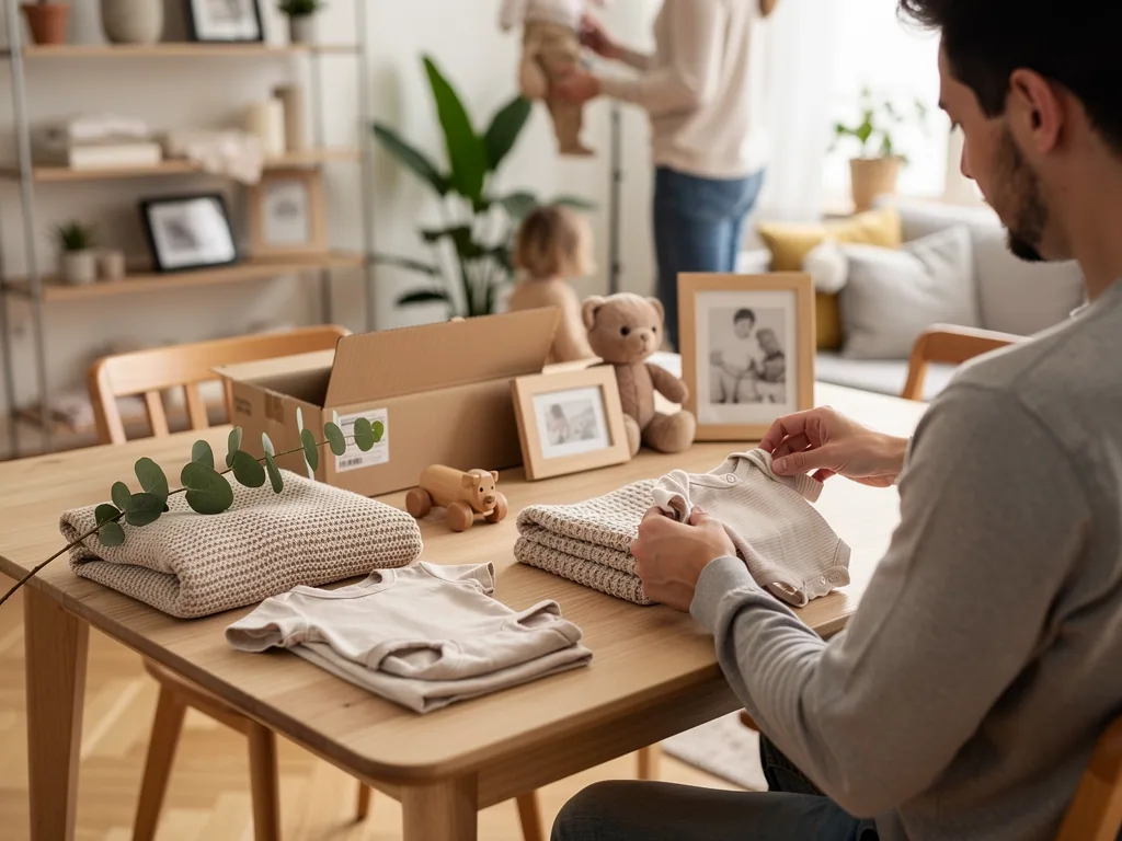 Vater sortiert Babykleidung, Spielzeug und Fotos als Geschenkideen auf einem Tisch im Familienwohnzimmer.