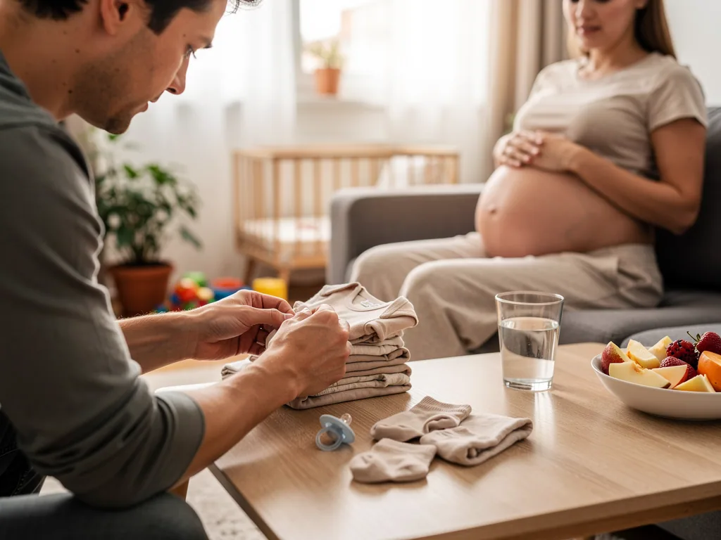 Vater sortiert Babykleidung, während schwangere Frau im Wohnzimmer auf dem Sofa sitzt.