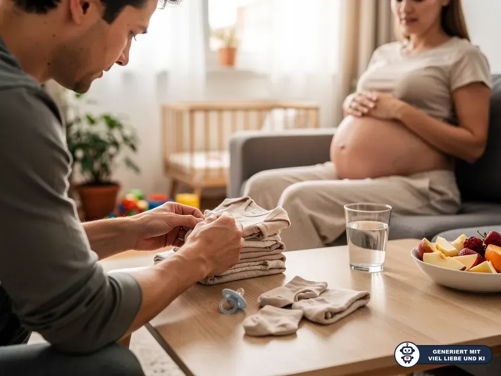 Vater sortiert Babykleidung, während schwangere Frau im Wohnzimmer auf dem Sofa sitzt. (mit KI erstellt)