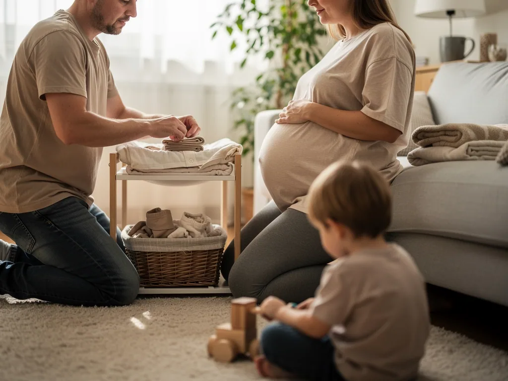 Vater sortiert Babysachen, während die hochschwangere Mutter sitzt und ein Kind auf dem Teppich spielt.
