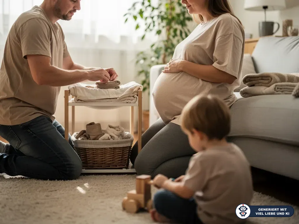 Vater sortiert Babysachen, während die hochschwangere Mutter sitzt und ein Kind auf dem Teppich spielt. (mit KI erstellt)