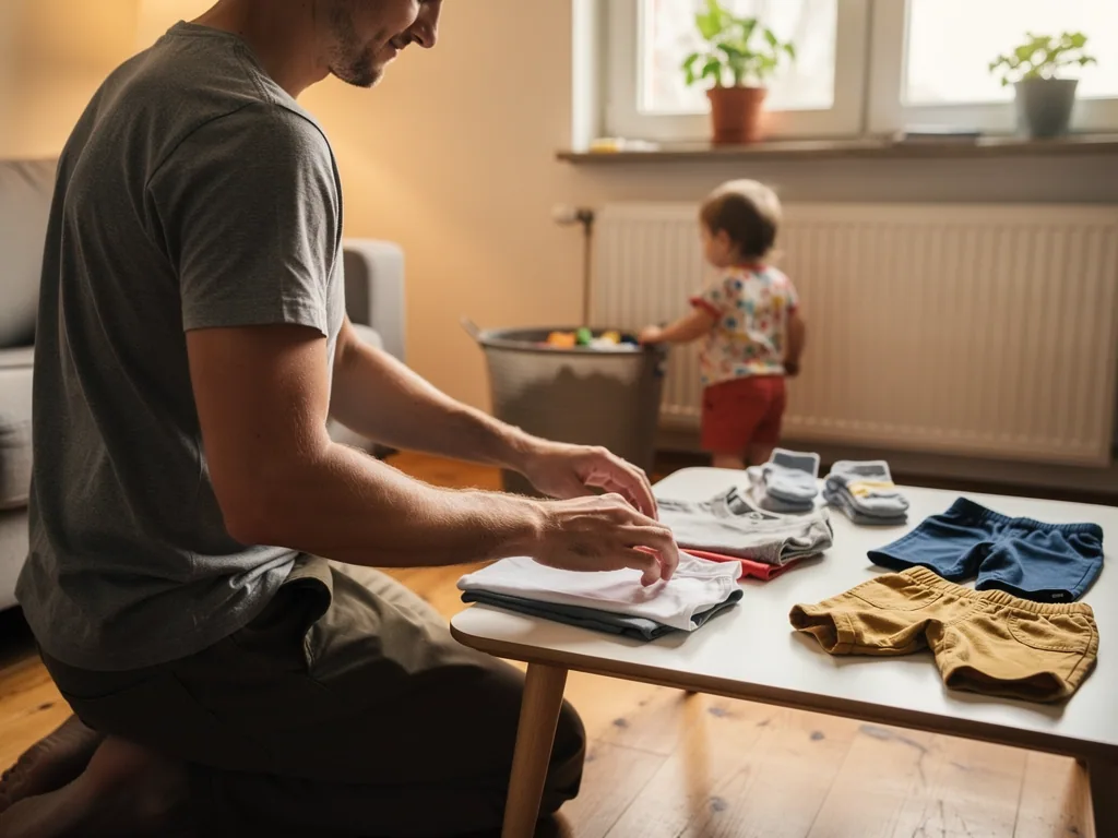 Vater sortiert Kinderkleidung auf dem Tisch, während ein Kleinkind im Wohnzimmer spielt.