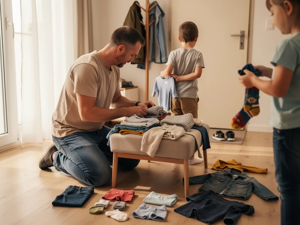 Vater sortiert Kinderkleidung auf einem Hocker, während zwei Kinder weitere Kleidungsstücke halten.