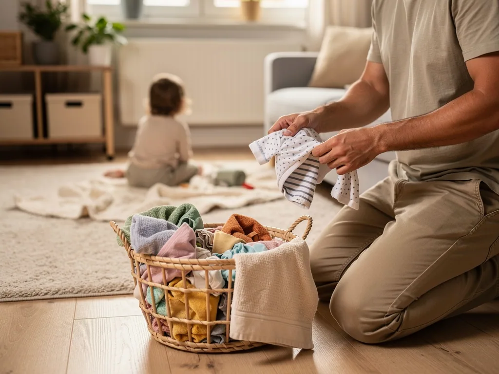 Vater sortiert Kinderkleidung in einem Korb, während ein Kleinkind im Wohnzimmer auf einer Decke sitzt.