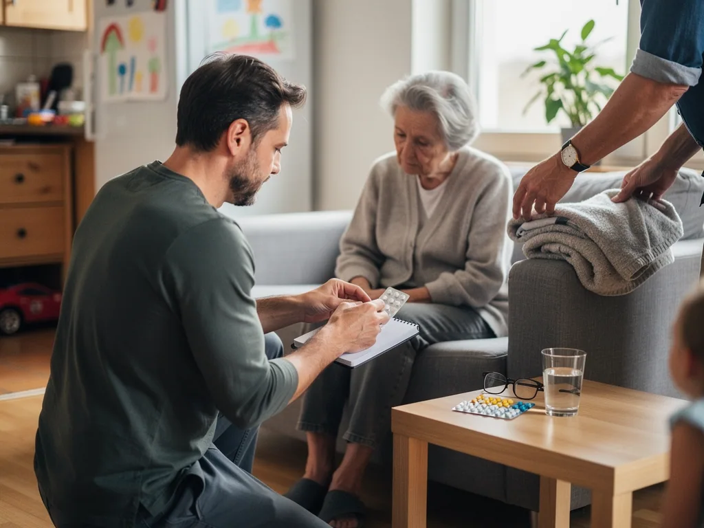 Vater sortiert Medikamente für seine Mutter, während ein Kind im Wohnzimmer zusieht.