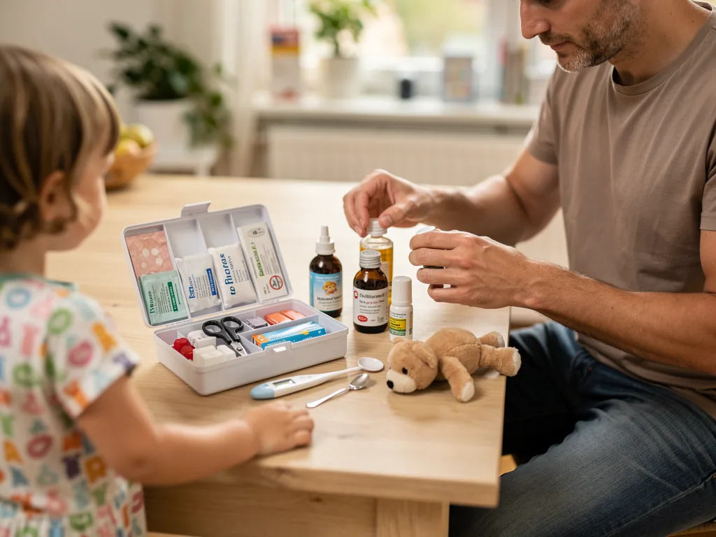 Vater sortiert Medikamente und Globuli neben Erste-Hilfe-Kasten, während ein Kind am Tisch zusieht.