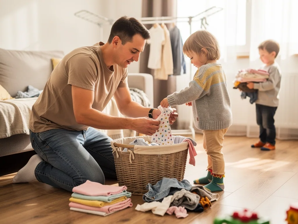 Vater sortiert mit zwei Kindern Wechselwäsche in einem Wohnzimmer, vor ihnen liegen gefaltete Kleidung und ein Wäschekorb.