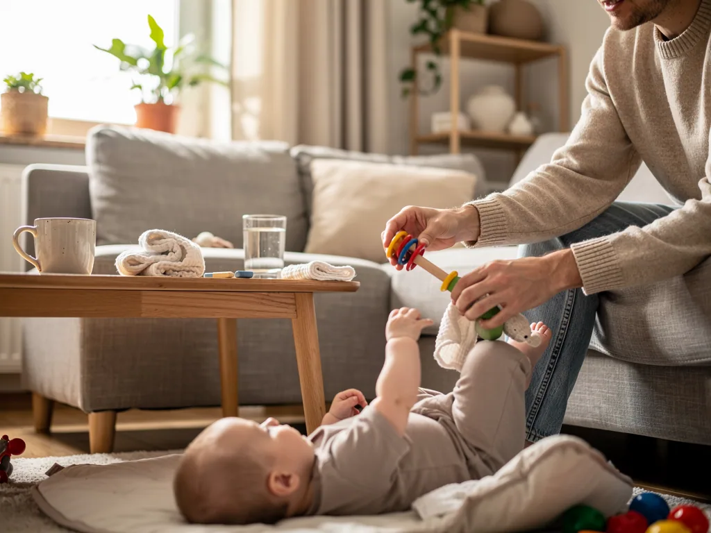 Vater spielt im Wohnzimmer mit Baby auf einer Decke; auf dem Tisch stehen Glas, Tasse und kleine Gegenstände.
