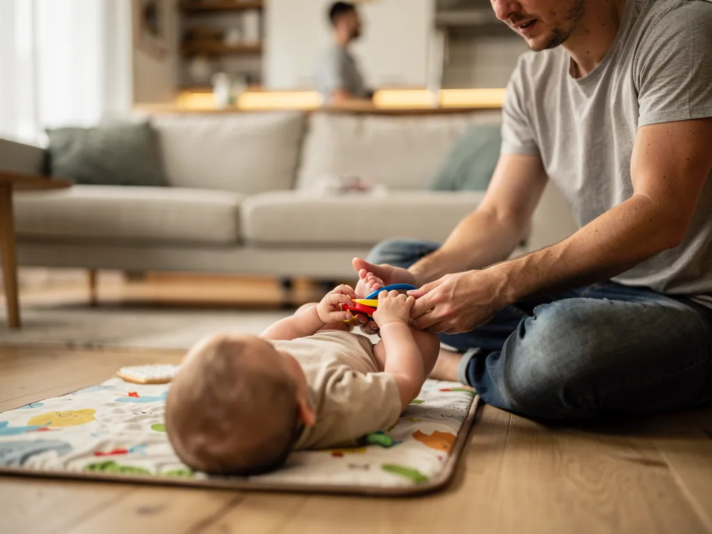 Vater spielt im Wohnzimmer mit seinem Baby auf einer Krabbeldecke und hält ein buntes Greifspielzeug.