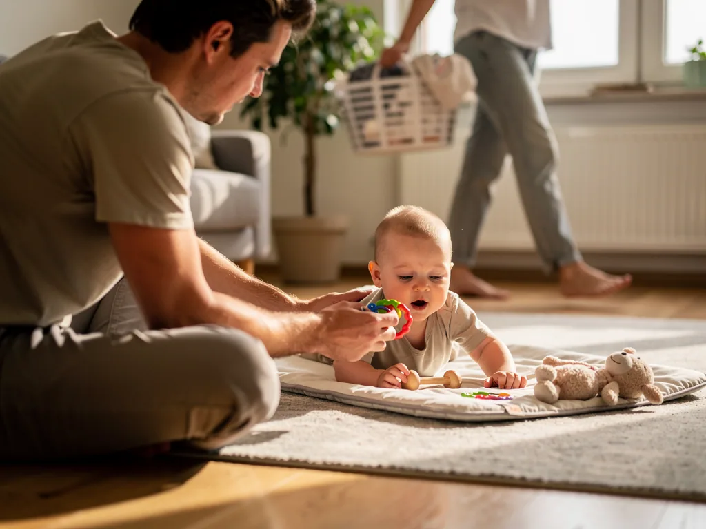 Vater spielt mit Baby in Bauchlage auf einer Krabbeldecke, im Hintergrund trägt eine Person einen Wäschekorb.