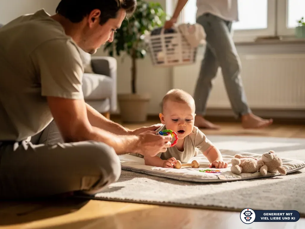 Vater spielt mit Baby in Bauchlage auf einer Krabbeldecke, im Hintergrund trägt eine Person einen Wäschekorb. (mit KI erstellt)