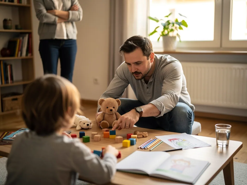 Vater spielt mit Kind am Wohnzimmertisch, Mutter steht im Hintergrund mit verschränkten Armen.
