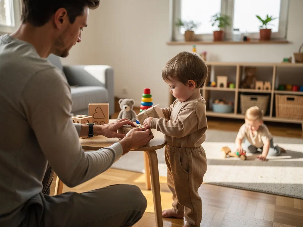 Vater spielt mit Kleinkind an einem Holztisch mit Bauklötzen, im Hintergrund sitzt ein weiteres Kind im Spielzimmer.