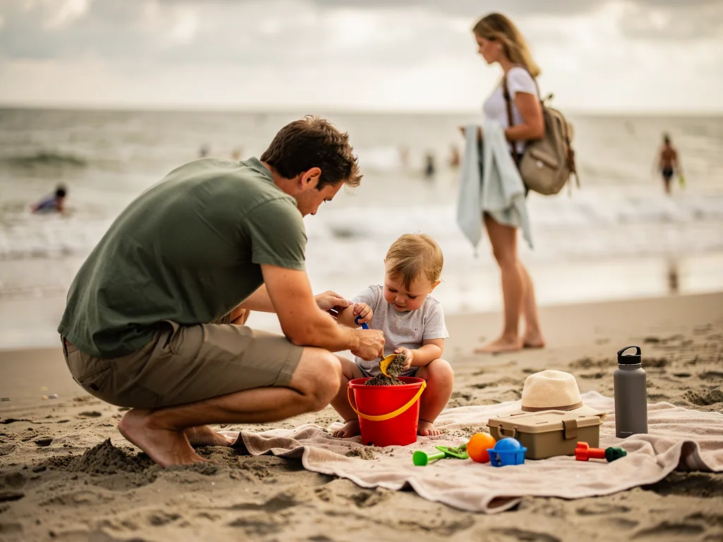 Vater spielt mit Kleinkind im Sand, während Strandspielzeug und Picknickbox auf einem Handtuch liegen.