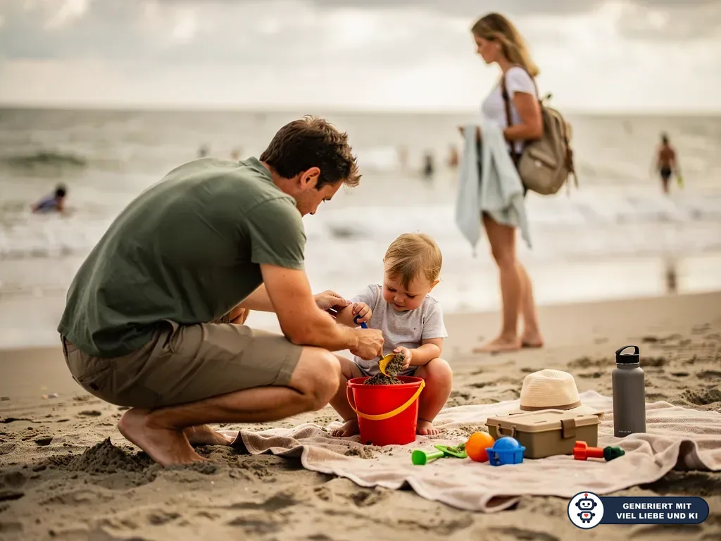 Vater spielt mit Kleinkind im Sand, während Strandspielzeug und Picknickbox auf einem Handtuch liegen. (mit KI erstellt)