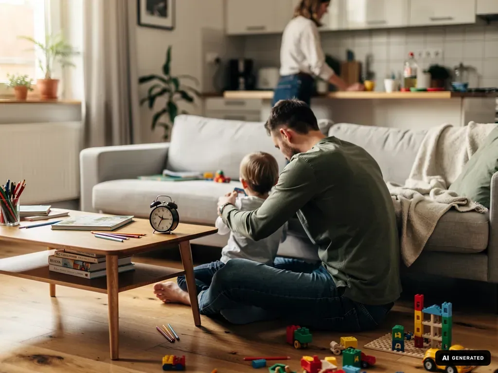Vater spielt mit Kleinkind im Wohnzimmer, während eine Frau in der Küche arbeitet; Spielzeug und Wecker liegen bereit. (mit KI erstellt)