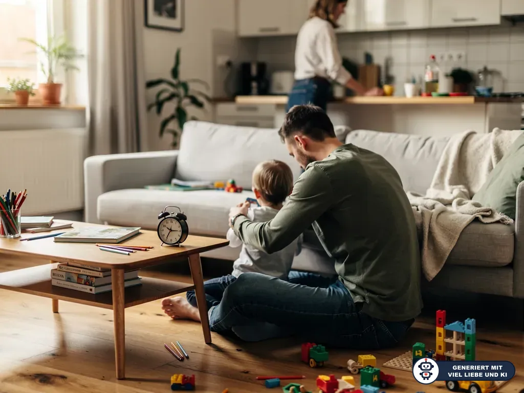 Vater spielt mit Kleinkind im Wohnzimmer, während eine Frau in der Küche arbeitet; Spielzeug und Wecker liegen bereit. (mit KI erstellt)