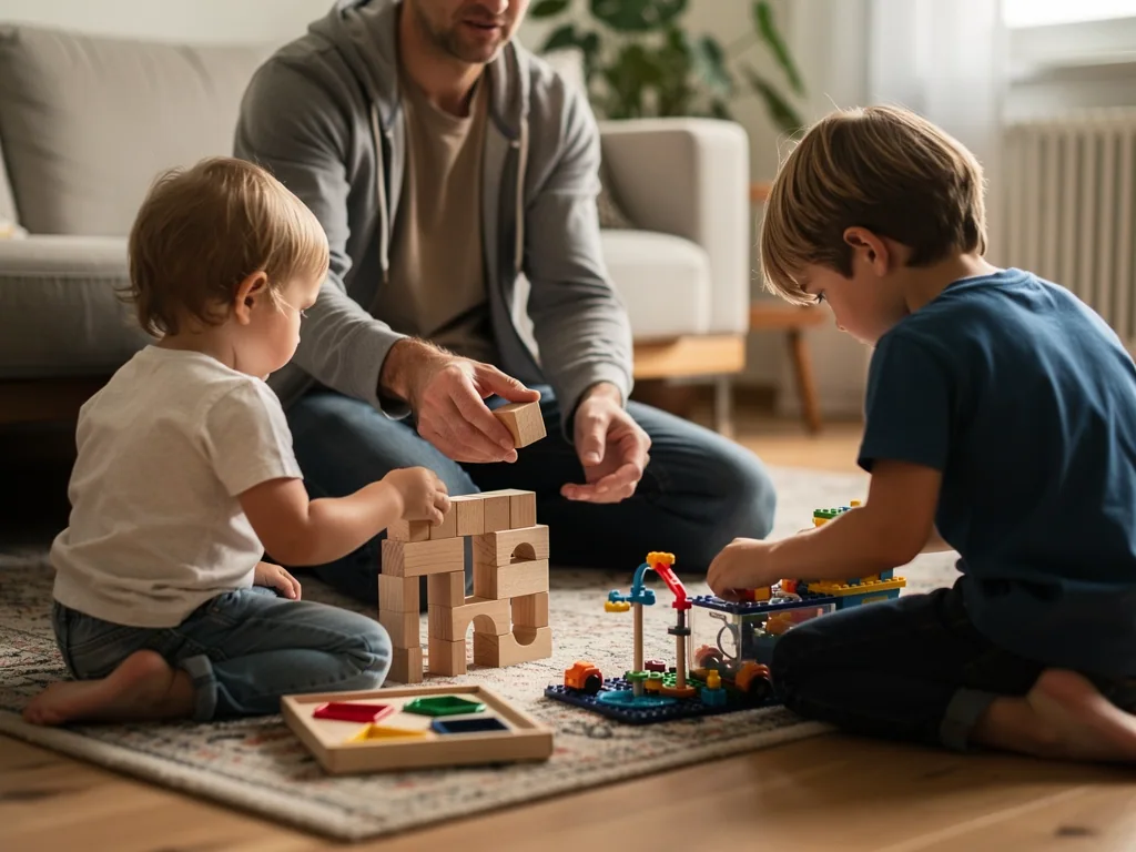 Vater spielt mit Kleinkind und älterem Kind auf dem Teppich mit Holzklötzen und buntem Konstruktionsspielzeug.