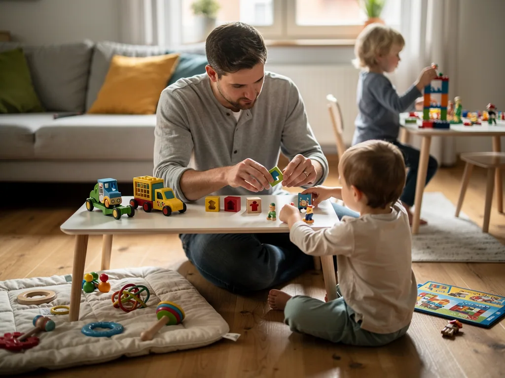 Vater spielt mit Kleinkindern an Tischen mit Holzfahrzeugen, Bausteinen, Figuren und Babyspielzeug im Wohnzimmer.