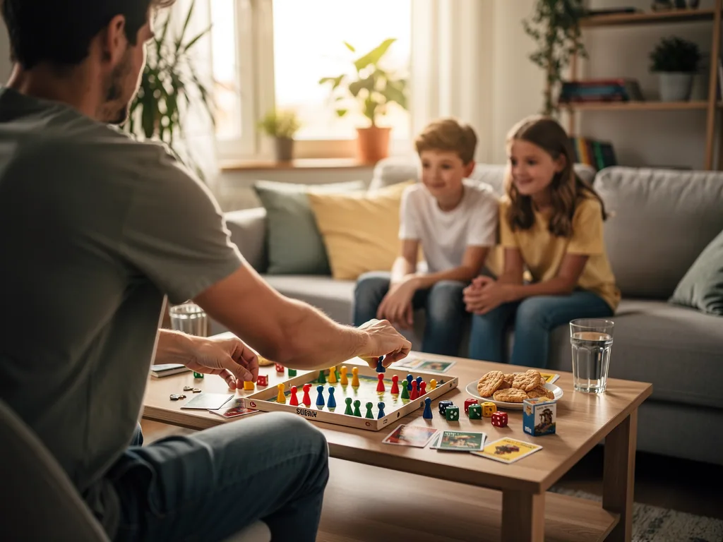 Vater spielt mit zwei Jugendlichen ein Brettspiel am Wohnzimmertisch mit Spielfiguren, Karten, Würfeln und Snacks.