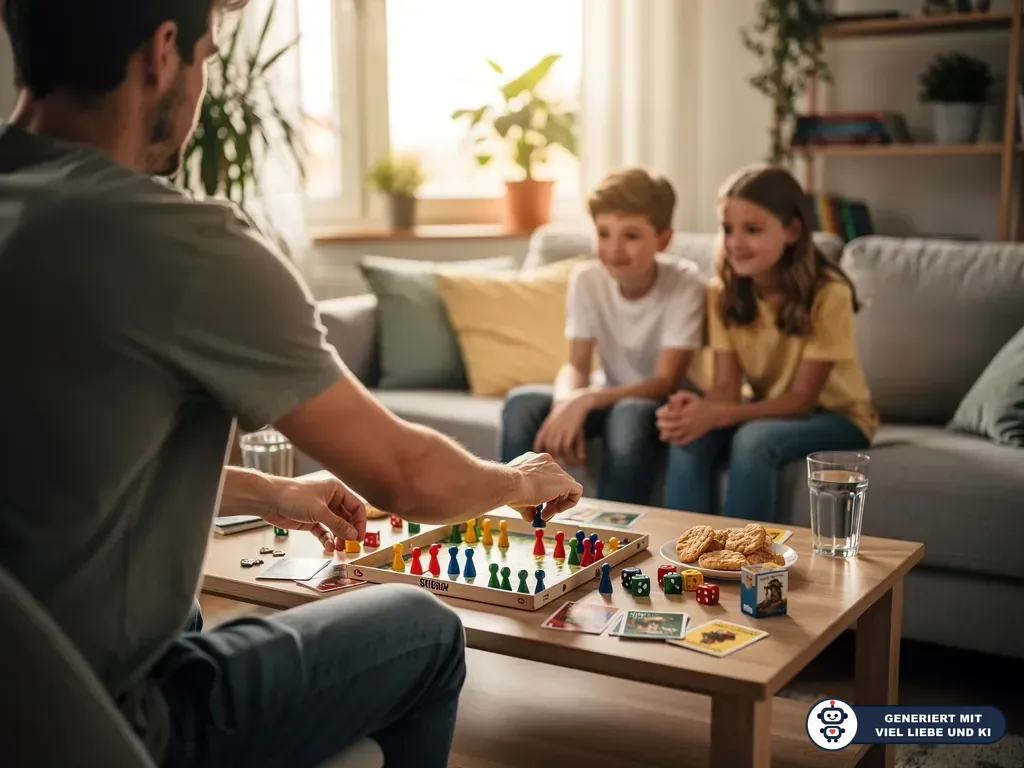 Vater spielt mit zwei Jugendlichen ein Brettspiel am Wohnzimmertisch mit Spielfiguren, Karten, Würfeln und Snacks. (mit KI erstellt)