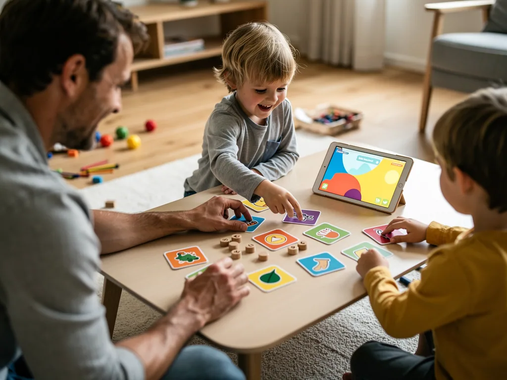 Vater spielt mit zwei Kindern am Tisch ein Lernspiel mit Bildkarten und Tablet.