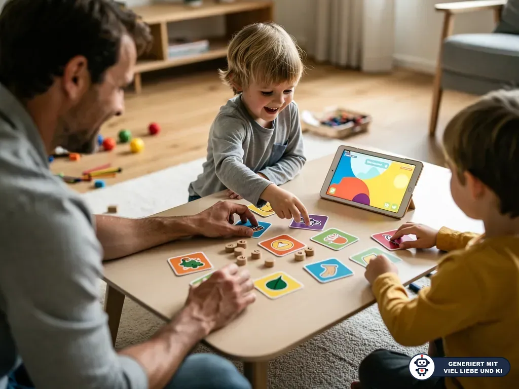 Vater spielt mit zwei Kindern am Tisch ein Lernspiel mit Bildkarten und Tablet. (mit KI erstellt)