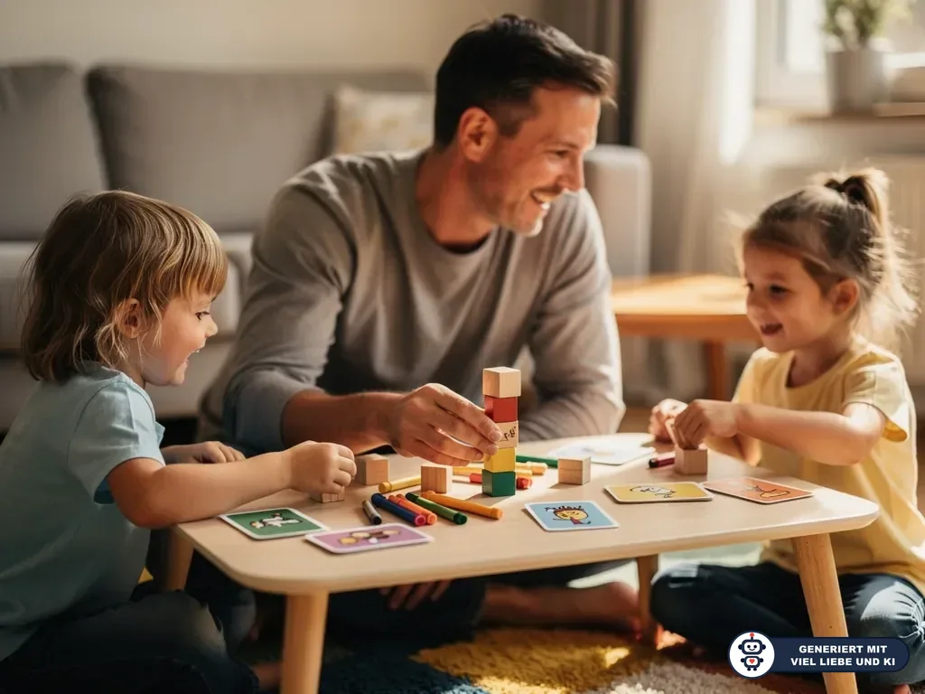 Vater spielt mit zwei Kindern am Tisch mit Bauklötzen, Bildkarten und Buntstiften im Wohnzimmer. (mit KI erstellt)