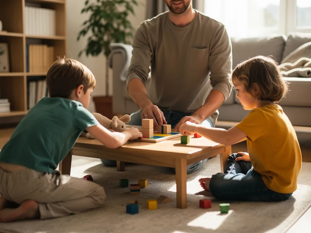 Vater spielt mit zwei Kindern am Wohnzimmertisch ein Bauklotzspiel mit bunten Holzsteinen.
