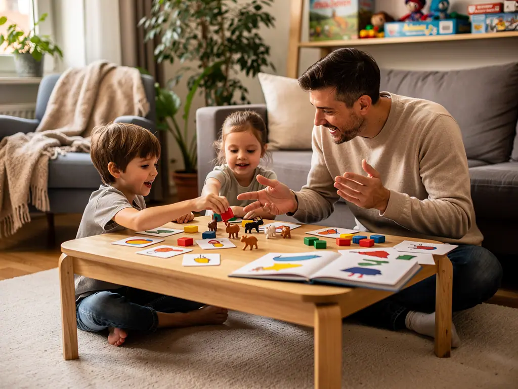 Vater spielt mit zwei Kindern am Wohnzimmertisch mit Tierkarten, Figuren und bunten Bausteinen.